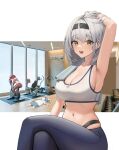  3girls absurdres arm_up armpits bangs bicycle_trainer blue_hair blue_pants blue_shorts border breasts crossed_legs dong_ji dumbbell eyebrows_visible_through_hair green_eyes gym hairband highres hololive houshou_marine indoors large_breasts lying multiple_girls navel on_back open_mouth pants red_pants red_sports_bra redhead shirogane_noel shirt short_hair shorts silver_hair sports_bra sweat towel towel_on_one_shoulder usada_pekora virtual_youtuber white_border white_shirt white_sports_bra window wooden_floor yoga_pants 