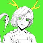  1girl bangs bow dragon_tail eyebrows_visible_through_hair eyes_visible_through_hair green_background green_eyes hair_between_eyes horns kicchou_yachie looking_at_viewer open_mouth shirt shokabatsuki short_hair short_sleeves simple_background smile solo tail touhou white_bow white_hair white_shirt white_sleeves 