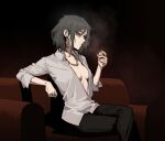  1girl black_pants breasts cigarette closed_mouth coin collared_shirt couch crossed_legs dark earrings frown gogalking gregory_(gogalking) grey_shirt highres holding holding_coin hoop_earrings jewelry long_sleeves looking_at_viewer medium_breasts medium_hair money mouth_hold necklace no_bra on_couch open_clothes open_shirt orange_eyes original pants plunging_neckline shirt sideways_glance sitting solo v-neck wing_collar 