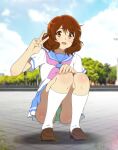  1girl ass brown_hair day green_panties hibike!_euphonium highres loafers oumae_kumiko outdoors panties panty_peek sailor_collar sbel02 school_uniform shadow shoes socks solo squatting tree underwear v white_legwear yellow_eyes 