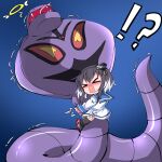  !? &gt;_&lt; 1girl anchor_symbol arbok black_hair black_legwear blue_background blue_sailor_collar blush constriction crossover dain_961 dress fangs gen_1_pokemon halo hat kantai_collection long_sleeves mini_hat multicolored_hair open_mouth pokemon pokemon_(creature) role_reversal sailor_collar sailor_dress short_hair_with_long_locks silver_hair sweat thigh-highs tokitsukaze_(kancolle) tongue trembling white_dress you&#039;re_doing_it_wrong 
