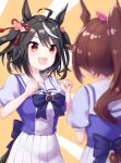  2girls ahoge animal_ears black_hair blurry blurry_foreground bow bowtie breast_envy brown_hair clenched_hands commentary depth_of_field frills hair_ornament high_ponytail highres horse_ears horse_girl horseshoe_ornament kitasan_black long_hair looking_down multicolored_hair multiple_girls open_mouth otemoto_(akud4444) pleated_skirt puffy_short_sleeves puffy_sleeves purple_bow purple_neckwear purple_shirt red_eyes sailor_collar sailor_shirt school_uniform shirt short_hair short_sleeves skirt tokai_teio_(umamusume) tracen_school_uniform two-tone_hair umamusume white_hair white_skirt 