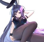  1girl animal_ears arm_strap arm_up azur_lane bare_shoulders black_leotard blue_eyes blue_hair breasts brown_legwear fake_animal_ears hair_intakes hair_ornament highres large_breasts leotard long_hair looking_at_viewer new_jersey_(azur_lane) new_jersey_(exhilarating_steps!)_(azur_lane) official_alternate_costume pantyhose rabbit_ears simple_background sitting siun solo strapless strapless_leotard thighs very_long_hair white_background wrist_cuffs 