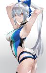  1girl armpits arms_behind_head arms_up ass bangs bare_shoulders blazpu blue_bow blue_swimsuit bow breasts fate/grand_order fate_(series) hair_between_eyes hair_bow highleg highleg_swimsuit highres large_breasts long_hair looking_at_viewer one-piece_swimsuit ponytail red_eyes silver_hair solo swimsuit thigh_strap thighs tomoe_gozen_(fate) tomoe_gozen_(swimsuit_saber)_(fate) two-tone_swimsuit white_swimsuit 