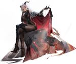  1girl aegir_(azur_lane) armored_boots azur_lane bare_shoulders black_gloves bodystocking boots breast_curtains breasts covered_navel crossed_legs demon_horns elbow_gloves gloves high_heel_boots high_heels highres horns large_breasts long_hair looking_at_viewer molten_rock multicolored_hair official_art parted_lips sideboob sitting streaked_hair transparent_background white_hair world_of_warships yellow_eyes yunsang 