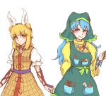  2girls apron arm_ribbon bangs belt blonde_hair blue_hair blue_ribbon bow brush closed_mouth double_bun dress dress_bow eyebrows_visible_through_hair flower green_apron green_belt green_bow green_headwear hair_between_eyes hair_ribbon hand_up haniwa_(statue) haniyasushin_keiki joutouguu_mayumi long_hair long_sleeves looking_at_viewer multiple_girls pink_eyes pocket puffy_short_sleeves puffy_sleeves purple_belt red_bow red_ribbon ribbon shokabatsuki short_hair short_sleeves simple_background smile touhou white_background white_flower white_ribbon white_sleeves yellow_dress yellow_eyes yellow_sleeves 