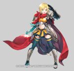  1girl amelia_(fire_emblem) arm_guards arm_up armor armpit_peek blonde_hair blue_legwear bob_cut cape clenched_hand commentary_request copyright_name elbow_gloves eyebrows_visible_through_hair fire_emblem fire_emblem:_the_sacred_stones fire_emblem_heroes gauntlets gloves greaves green_eyes grey_background happy hip_armor looking_at_viewer midriff miniskirt navel official_alternate_costume official_art open_mouth pauldrons pleated_skirt red_cape salute sandals short_hair shoulder_armor simple_background skirt smile solo taroji thigh-highs underbust watermark yellow_skirt zettai_ryouiki 