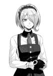  1girl aoki_(fumomo) bangs collared_shirt commentary_request cowboy_shot dangan_ronpa_(series) dangan_ronpa_v3:_killing_harmony dress gloves grey_background greyscale grin hair_ornament hair_over_one_eye long_sleeves looking_at_viewer maid_headdress monochrome necktie own_hands_together pinafore_dress shirt short_hair simple_background smile solo toujou_kirumi upper_body vest white_background 