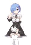  1girl absurdres apron bangs black_dress blue_eyes blue_hair blunt_bangs blush breasts detached_sleeves dress fujimaki_nora garter_straps hair_ornament hair_over_one_eye hair_ribbon highres maid medium_breasts pink_ribbon re:zero_kara_hajimeru_isekai_seikatsu rem_(re:zero) ribbon roswaal_mansion_maid_uniform short_hair simple_background sitting smile solo thigh-highs waist_apron white_apron white_background white_legwear x_hair_ornament 