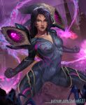  1girl black_hair bodysuit boots breasts clenched_hand clenched_teeth facial_mark glowing judash137 kai&#039;sa league_of_legends long_hair looking_at_viewer medium_breasts monster solo thigh_boots violet_eyes 