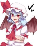  1girl absurdres bangs bat bat_wings blue_hair bow collar crossed_arms dress eyebrows_visible_through_hair eyes_visible_through_hair hair_between_eyes hat hat_ribbon highres looking_at_viewer open_mouth puffy_short_sleeves puffy_sleeves red_bow red_eyes red_neckwear red_ribbon remilia_scarlet ribbon shokabatsuki short_hair short_sleeves simple_background smile solo touhou white_background white_collar white_dress white_headwear white_sleeves wings 