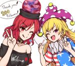  2girls american_flag_shirt bangs bare_shoulders black_choker black_headwear black_neckwear black_shirt black_sleeves blue_shirt blue_sleeves blush breasts choker closed_mouth clothes_writing clownpiece earrings earth_(ornament) eyebrows_visible_through_hair fairy_wings hair_between_eyes hand_up hands_up hat hecatia_lapislazuli highres holding jester_cap jewelry looking_at_viewer medium_breasts medium_hair moon_(ornament) multiple_girls one_eye_closed open_mouth pink_hair pink_headwear polos_crown red_eyes red_headwear red_shirt red_sleeves redhead shirt shokabatsuki short_sleeves simple_background smile star_(symbol) star_print striped striped_shirt t-shirt tongue tongue_out touhou white_background white_shirt white_sleeves wings 