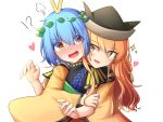  !? 2girls :d =3 @_@ antennae bangs black_headwear blonde_hair blue_hair blush breasts bright_pupils eternity_larva eyebrows_visible_through_hair eyes_visible_through_hair hair_leaf hand_up hat heart highres hug hug_from_behind long_hair looking_at_another matara_okina multiple_girls nose_blush open_mouth orange_eyes short_hair short_sleeves simple_background small_breasts smile sparkle surprised touhou upper_body v-shaped_eyebrows white_background wide_sleeves yu_cha 