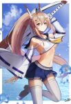  1girl arm_up artist_name ayanami_(azur_lane) azur_lane bandaid bandaid_on_arm bangs bare_shoulders belt blue_sailor_collar blue_skirt blue_sky blurry blurry_foreground blush breasts closed_mouth clouds commentary_request cowboy_shot crop_top day detached_sleeves eyebrows_visible_through_hair gao_kawa hair_between_eyes hair_ornament headgear high_ponytail highres holding holding_sword holding_weapon long_hair looking_at_viewer navel neckerchief ocean orange_eyes pleated_skirt ponytail retrofit_(azur_lane) rudder_footwear sailor_collar shirt sidelocks skindentation skirt sky small_breasts solo standing standing_on_one_leg stomach sword thigh-highs under_boob water_drop weapon white_background white_belt white_legwear white_shirt white_sleeves wide_sleeves yellow_neckwear zettai_ryouiki 