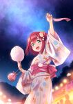  1girl :d alternate_costume alternate_hairstyle aqua_eyes arm_up bangs blush cotton_candy cowboy_shot double_bun flower food food_stand hair_between_eyes hair_flower hair_ornament highres holding holding_charm holding_food inou_shin japanese_clothes kimono kinchaku kurosawa_ruby looking_at_viewer love_live! love_live!_sunshine!! night night_sky obi open_mouth pouch redhead sash short_hair sidelocks sky smile solo star_(sky) starry_sky summer_festival tanabata tanzaku tareme upper_teeth yukata 