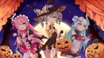  3girls :d absurdres bangs bare_shoulders bat black_gloves blue_eyes blue_hair bronya_zaychik bronya_zaychik_(snowy_sniper) closed_mouth curtains drill_hair earrings elbow_gloves full_moon gloves grey_eyes grey_hair hair_between_eyes halloween halloween_costume hat highres honkai_(series) honkai_impact_3rd index_finger_raised jewelry liliya_olenyeva long_sleeves looking_at_viewer mismatched_gloves miying_(13975192760) moon multiple_girls night night_sky one_eye_closed open_mouth orange_gloves pink_hair pumpkin rozaliya_olenyeva siblings sky smile thigh-highs tree twin_drills twins white_gloves witch_hat 