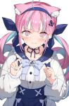  1girl @_@ absurdres ahoge anchor_hair_ornament animal_ear_fluff animal_ears bangs blue_bow blue_choker blue_hairband blue_nails blue_ribbon blue_sailor_collar blue_skirt blush bow cat_ears cat_girl choker collarbone commentary_request darjeeling_(reley) eyebrows_visible_through_hair frilled_sailor_collar frills hair_ornament hairband high-waist_skirt highres hololive long_hair long_sleeves minato_aqua multicolored_hair nail_polish pink_eyes pink_hair ribbon ribbon_choker sailor_collar shirt simple_background skirt solo twintails two-tone_hair virtual_youtuber white_background white_shirt 