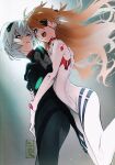  2girls :d absurdres ayanami_rei black_bodysuit blue_hair bodysuit evangelion:_3.0+1.0_thrice_upon_a_time eyepatch from_below highres hug hug_from_behind multiple_girls neon_genesis_evangelion official_art open_mouth plugsuit rebuild_of_evangelion scan short_hair smile souryuu_asuka_langley tanaka_masayoshi white_bodysuit 