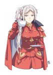  1girl automatic_giraffe blonde_hair cape closed_mouth cup edelgard_von_hresvelg fire_emblem fire_emblem:_three_houses gloves hair_ornament hair_ribbon long_hair long_sleeves looking_at_viewer ribbon side_ponytail simple_background smile solo teacup violet_eyes white_hair 