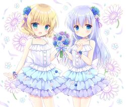  2girls :d bangs bare_shoulders blonde_hair blue_eyes blue_flower blue_hair blue_rose blue_skirt blush bouquet camisole choker closed_mouth collarbone commentary_request eyebrows_visible_through_hair flower gochuumon_wa_usagi_desu_ka? green_eyes hair_between_eyes hair_flower hair_ornament hasekura_chiaki holding holding_bouquet kafuu_chino kirima_sharo layered_skirt long_hair multiple_girls open_mouth pleated_skirt purple_choker purple_flower rose skirt smile very_long_hair white_background white_camisole white_flower wrist_cuffs 