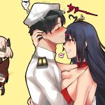  1boy 3girls akagi_(azur_lane) azur_lane black_hair blush commander_(azur_lane) dress hair_ornament heart heart-shaped_pupils highres hug lilycious multiple_girls red_dress red_eyes roon_(azur_lane) symbol-shaped_pupils taihou_(azur_lane) taihou_(forbidden_feast)_(azur_lane) yandere 