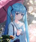  1girl :o absurdres ahoge animal bag blue_bow blue_eyes blue_hair blush bow breasts commentary dappled_sunlight day earrings hair_ornament hairclip hatsune_miku highres holding holding_umbrella jewelry long_hair long_sleeves looking_at_viewer open_mouth outdoors rain romaji_commentary sailor_collar school_bag school_uniform serafuku shirt small_breasts snail solo star_(symbol) star_hair_ornament stone_wall sunlight tanchobee twintails umbrella upper_body very_long_hair vocaloid wall white_sailor_collar white_shirt 