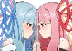  2girls absurdres bangs bare_shoulders black_sleeves blue_ribbon blue_sleeves blunt_bangs blush brown_eyes collar commentary detached_sleeves forehead-to-forehead hair_ribbon highres holding_hands incest kashisuover kotonoha_akane kotonoha_aoi light_blue_hair long_hair pink_hair red_ribbon ribbon siblings sisters smile upper_body voiceroid white_background white_collar yuri 