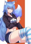  absurdres animal_ear_fluff animal_ears blue_eyes blue_hair breasts female fox_ears fox_girl fox_tail from_side highres kanta_(kanta_077) knees_up looking_at_viewer original short_shorts shorts sitting solo sweater_vest tail thigh-highs 