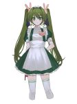  0mot 1girl :&lt; apron arms_behind_back bunny_hair_ornament commentary_request cropped_legs dress eyebrows_visible_through_hair feet_out_of_frame frown green_dress green_eyes green_hair hair_intakes hair_ornament heart long_hair looking_at_viewer maid maid_apron maid_headdress original puffy_short_sleeves puffy_sleeves short_sleeves simple_background solo thigh-highs twintails v-shaped_eyebrows very_long_hair white_background white_legwear 