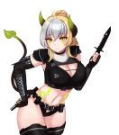  absurdres animal_ears ass black_legwear blonde_hair breasts commission demon demon_girl demon_horns demon_tail female from_side front_view full_body fxf4 green_eyes highres horns huge_ass kanta_(kanta_077) long_hair looking_at_viewer multicolored_hair neon_green original ponytail sideboob smile solo streaked_hair tail tattoo thigh-highs transparent_background white_hair 