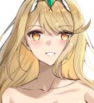  1girl blonde_hair blush collarbone earrings jewelry long_hair looking_at_viewer maya_g mythra_(xenoblade) orange_eyes parted_lips portrait simple_background single_earring smile solo tiara white_background xenoblade_chronicles_(series) xenoblade_chronicles_2 