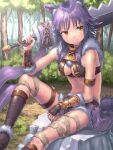  1girl animal_ear_fluff animal_ears arm_strap armor bandages bangs blush boots breasts brown_eyes brown_footwear capelet chain commentary forest fur_capelet fur_trim greatsword grey_shorts hirokazu_(analysis-depth) holding holding_sword holding_weapon light_purple_hair long_hair looking_to_the_side makoto_(princess_connect!) medium_breasts nature outdoors princess_connect! short_shorts shorts sitting_on_rock smile solo sword tail thigh_strap weapon 