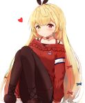  1girl absurdres bangs black_legwear blonde_hair blush bow closed_mouth fujimaki_nora fur_trim hair_between_eyes hair_bow heart heterochromia highres hoshikawa_sara long_hair long_sleeves looking_at_viewer nijisanji pantyhose red_eyes red_shirt shirt simple_background sitting solo union_jack very_long_hair virtual_youtuber white_background yellow_eyes 