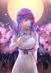  1girl bb_(fate) bb_(fate)_(all) blood blood_on_face breasts dress fate/extra fate/extra_ccc fate_(series) flower full_moon hair_ribbon large_breasts looking_to_the_side moon night petals pink_ribbon purple_hair ribbon sagta_panggang solo tree violet_eyes white_dress 