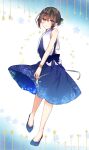  1boy 2021 banjou_azusa bare_shoulders black_hair blonde_hair blush bow bracelet commentary_request constellation_print dated dress full_body hair_between_eyes highres jewelry looking_at_viewer original shoes sleeveless smile solo star_(symbol) tanabata watermark 