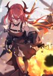  1girl arknights black_dress demon_girl demon_horns dress highres holding holding_weapon horns jacket long_hair looking_up off_shoulder redhead shimotsuki_shio spiky_hair surtr_(arknights) sword thigh-highs violet_eyes weapon 