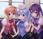  3girls :d animal_on_head bangs black_ribbon black_skirt blue_bow blue_eyes blue_neckwear blue_vest bow bowtie brown_hair bunny_on_head collared_shirt dress_shirt eyebrows_visible_through_hair floating_hair gochuumon_wa_usagi_desu_ka? hair_between_eyes hair_ornament hairclip highres holding_hands hoto_cocoa indoors kafuu_chino long_hair medium_hair multiple_girls on_head open_mouth pingji! pink_vest purple_hair purple_neckwear purple_vest rabbit rabbit_house_uniform red_bow red_neckwear ribbon shiny shiny_hair shirt short_sleeves side_ponytail silver_hair skirt smile standing tedeza_rize tippy_(gochiusa) twintails vest violet_eyes white_shirt wing_collar 