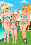  3girls absurdres bikini blonde_hair blue_eyes blush braid breasts brown_hair crown_braid earrings emmanomia23 full_body green_eyes hair_over_one_eye highres jewelry large_breasts long_hair looking_at_viewer super_mario_bros. metroid mole mole_under_mouth multiple_girls navel pointy_ears ponytail princess_zelda rosalina simple_background smile star_(symbol) star_earrings super_mario_galaxy super_smash_bros. swimsuit the_legend_of_zelda the_legend_of_zelda:_a_link_between_worlds 