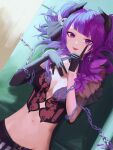  corset dated demon_horns demon_wings dutch_angle elbow_gloves gloves highres horns idolmaster idolmaster_shiny_colors midriff navel purple_hair signature spung tanaka_mamimi tongue tongue_out violet_eyes wings 