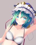  1girl alternate_costume arm_up bangs blue_headwear blush bra breasts closed_mouth collarbone commentary dutch_angle eyebrows_visible_through_hair frilled_hat frills green_eyes green_hair grey_background hair_between_eyes hat looking_at_viewer lowres midorino_eni parted_bangs shiki_eiki short_hair simple_background small_breasts solo touhou underwear underwear_only upper_body white_bra 