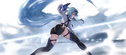  1girl absurdres ass blue_hair boots cape eula_(genshin_impact) full_body genshin_impact gloves hairband highres leotard long_sleeves standing thigh-highs thigh_boots thigh_strap vambraces xiaobei 