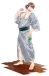  1boy alternate_costume brown_hair can casual facial_hair fate/grand_order fate_(series) full_body goatee grey_kimono hector_(fate) highres holding holding_can imoda japanese_clothes kimono male_focus mature_male medium_hair ponytail solo towel towel_around_neck 