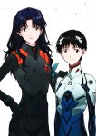  1boy 1girl absurdres age_difference black_bodysuit blue_bodysuit blue_hair bodysuit brown_hair evangelion:_3.0+1.0_thrice_upon_a_time hand_on_another&#039;s_shoulder highres ikari_shinji katsuragi_misato neon_genesis_evangelion nishigori_atsushi official_art plugsuit rebuild_of_evangelion scan simple_background white_background 