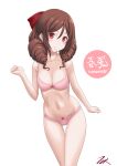  1girl artist_logo bow bra breasts brown_hair character_name drill_hair hair_bow harukaze_(kancolle) highres kantai_collection leaning_forward looking_at_viewer navel panties pink_bra pink_panties red_bow red_eyes simple_background small_breasts solo t2r twin_drills underwear underwear_only white_background 