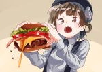 artist_request bangs beret black_headwear brown_eyes brown_hair burger cheese collared_shirt dot_nose eyebrows_visible_through_hair flower food hat hatoba_tsugu highres holding holding_food lettuce long_sleeves meat medium_hair mole mole_under_eye open_mouth shirt solo suspenders tomato tsugu_(vtuber) upper_body virtual_youtuber white_shirt wing_collar 