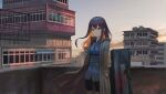  1girl black_hair brown_eyes brown_jacket building cityscape floating_hair hands_in_pocket hin&#039;yari_(kakukuru) jacket long_hair on_roof original outdoors rooftop serious shorts skyscraper solo twilight 