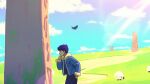  1boy bangs black_pants black_shirt blue_jacket chin_stroking clouds corviknight dark-skinned_male dark_skin day from_side fur-trimmed_jacket fur_trim gen_8_pokemon grass hand_in_pocket hand_up highres hop_(pokemon) jacket male_focus nuime_(nuishiron) outdoors pants pokemon pokemon_(creature) pokemon_(game) pokemon_swsh purple_hair shirt short_hair sky standing wooloo yellow_eyes 