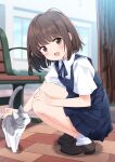  1girl absurdres animal bench blurry blurry_background blush brown_eyes brown_footwear brown_hair cat eyebrows_visible_through_hair from_side highres looking_at_viewer mousou_(mousou_temporary) neck_ribbon open_mouth petting ribbon short_sleeves socks solo tree white_legwear 