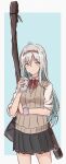  1girl absurdres alternate_costume aqua_background bag black_skirt border bow_(weapon) brown_eyes commentary_request cowboy_shot drinking_straw highres kantai_collection kazakura_(kazakura_js) long_hair looking_at_viewer pleated_skirt school_bag school_uniform shoukaku_(kancolle) silver_hair skirt sleeves_rolled_up solo standing sweater_vest tumbler two-tone_background weapon white_border 