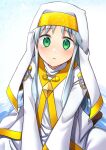  1girl blue_hair gradient gradient_background green_eyes habit highres index_(toaru_majutsu_no_index) katsuobushi_(eba_games) looking_at_viewer nun robe safety_pin solo toaru_majutsu_no_index v_arms water white_background white_robe 